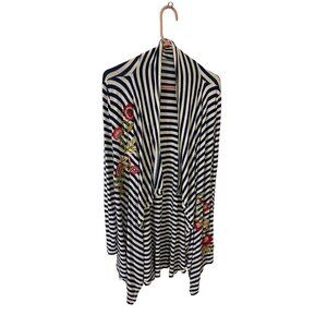 Soft Surroundings Women's Flortal Embroidered Stripped Open Front Duster - Mediu